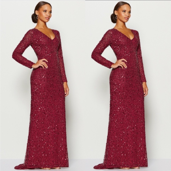 Adrianna Papell Long Sleeve V-neck beaded evening long gown - Picture 3 of 17